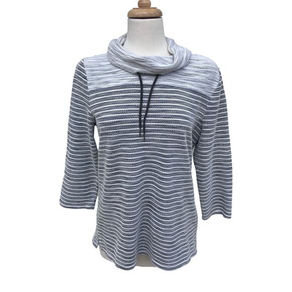 Chico’s Weekend Top Sz 1 Cowl Neck 3/4 Sleeve Sweater Gray Striped Comfort - Picture 1 of 10